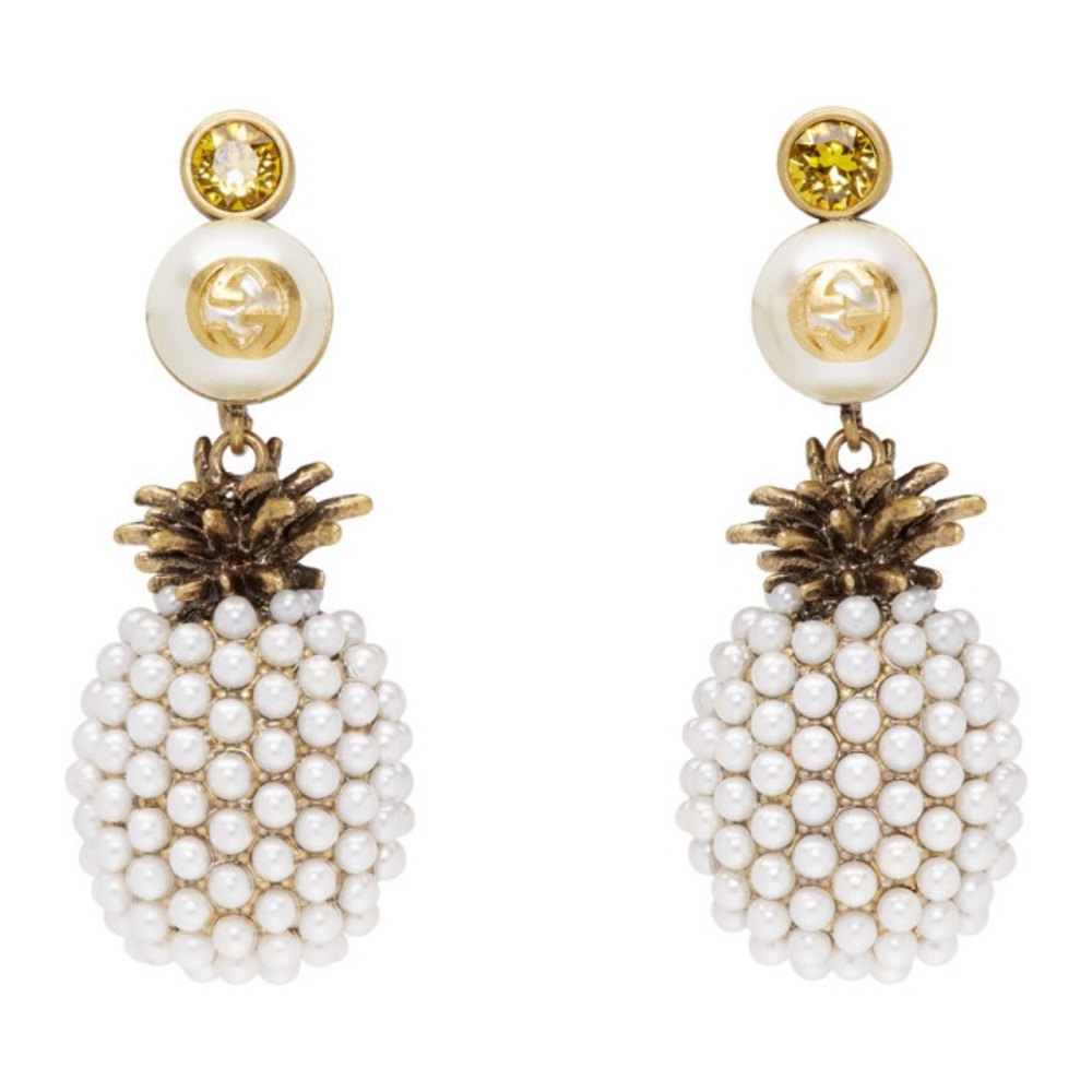GUCCI Pineapple Faux Pearl Gold Tone Clip On Earrings